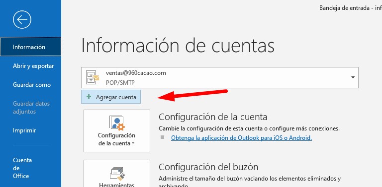 agregar cuenta en outlook