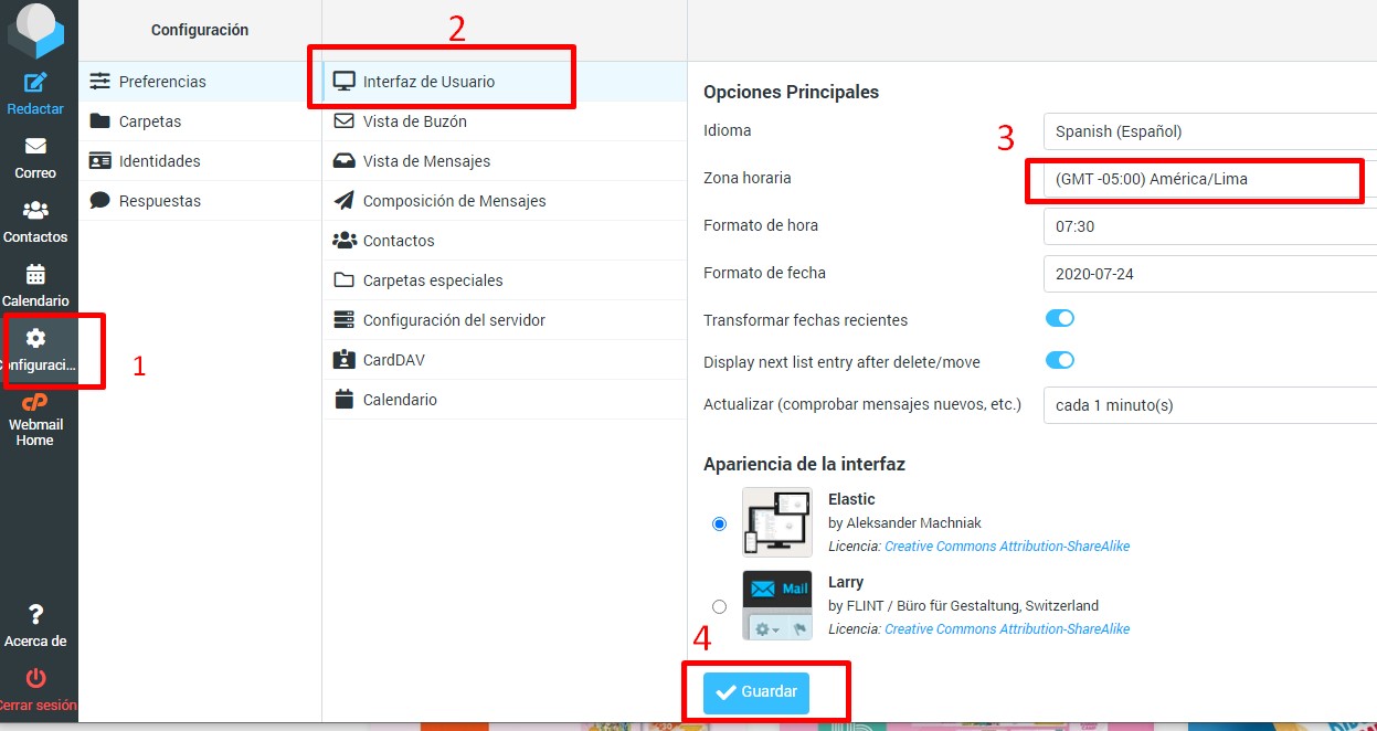 configurar zona horaria correo electronico webmail
