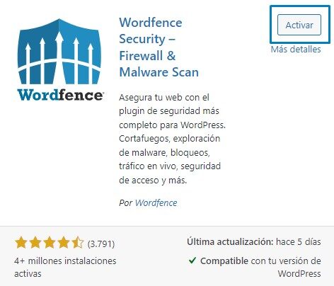 Instalar y activar Wordfence security